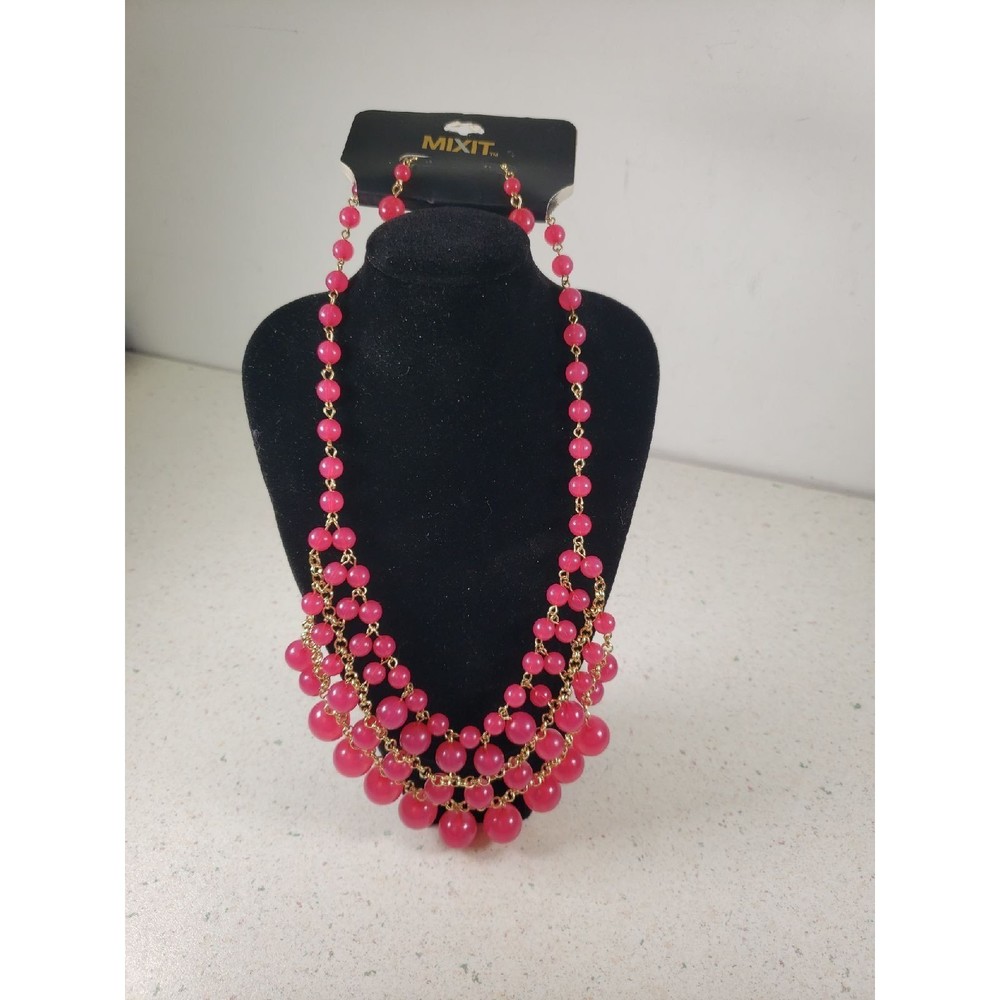 MIXIT Pink  Necklace & earrings Set Gold Tone Between Glass Stones, NWT